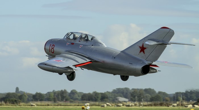 Mikoyan-Gurevich MiG-15 fighter jet taking off