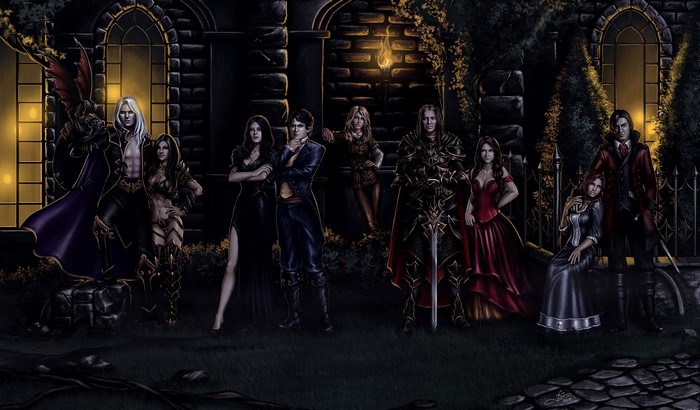 Vampire group with swords in front of a castle