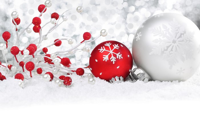 Christmas ornaments and berries in snow
