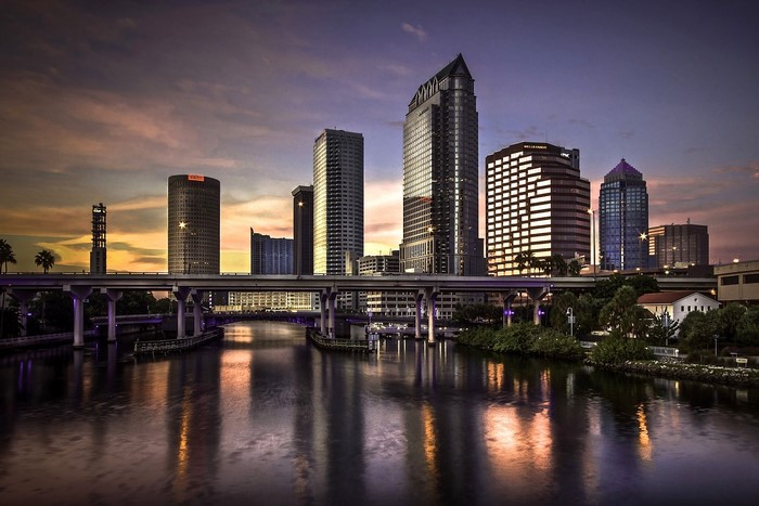 Tampa Skyline at Dusk with River and Bridge