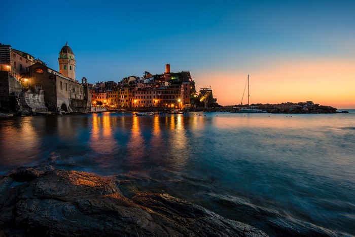 Vernazza, Italy at Dusk with Harbor and Buildings