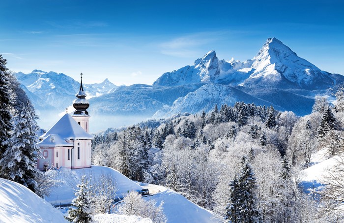 Winter church in Bavarian Alps, Germany
