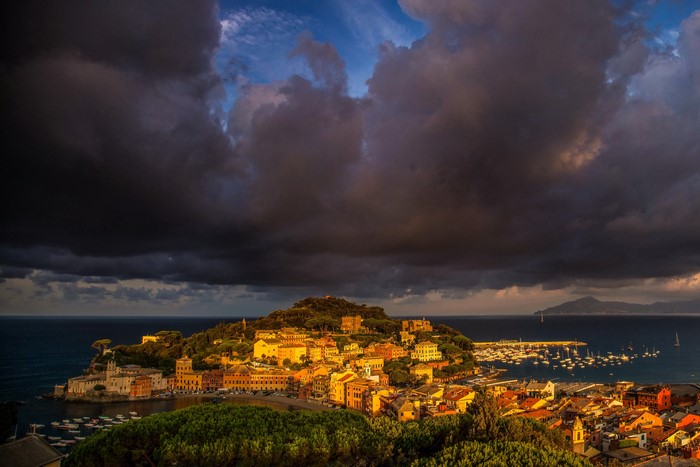 Portofino, Italy with stormy clouds over the sea