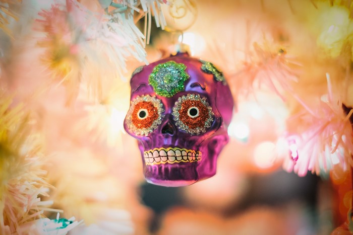 Purple Sugar Skull Ornament on Christmas Tree