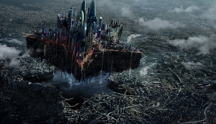 Floating city above a ruined city