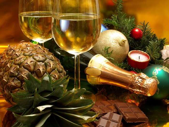 Champagne, Pineapples, Chocolate, and Christmas Decorations