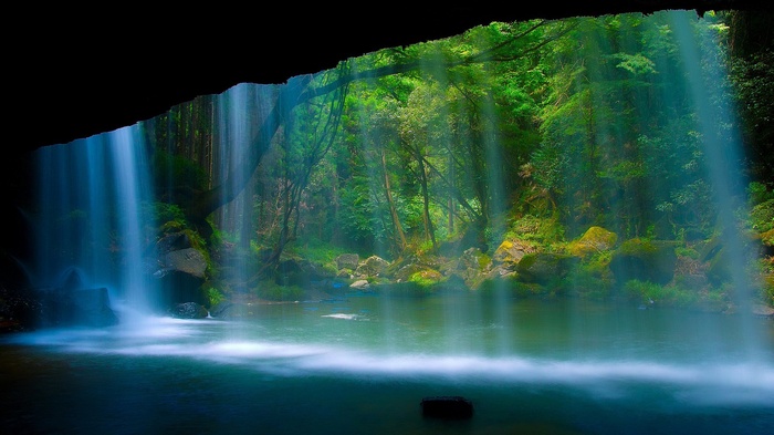 Waterfall cascading into a serene forest pool