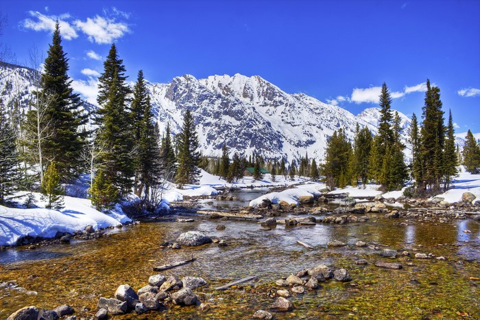 Snowy Mountains and Stream in Grand Teton National Park