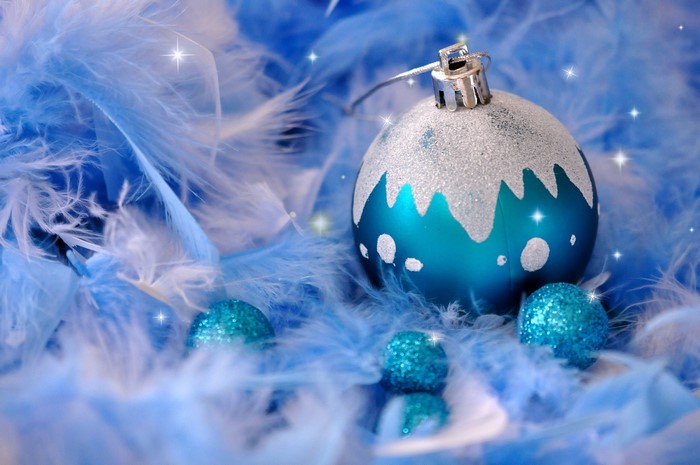 Blue Christmas Ornaments and Feathers