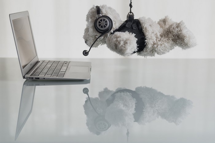 Teddy bear with headphones and laptop on reflective surface