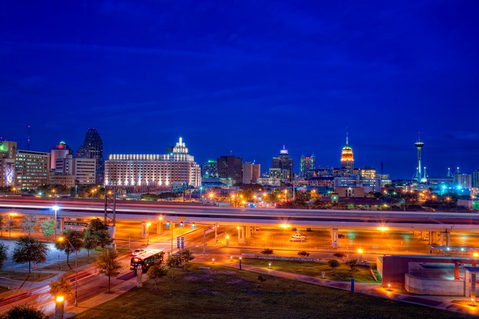 San Antonio skyline at night with highway