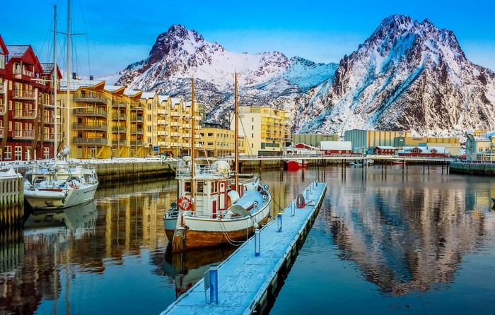 Svolvaer, Norway: Snowy Mountains and Marina with Boats