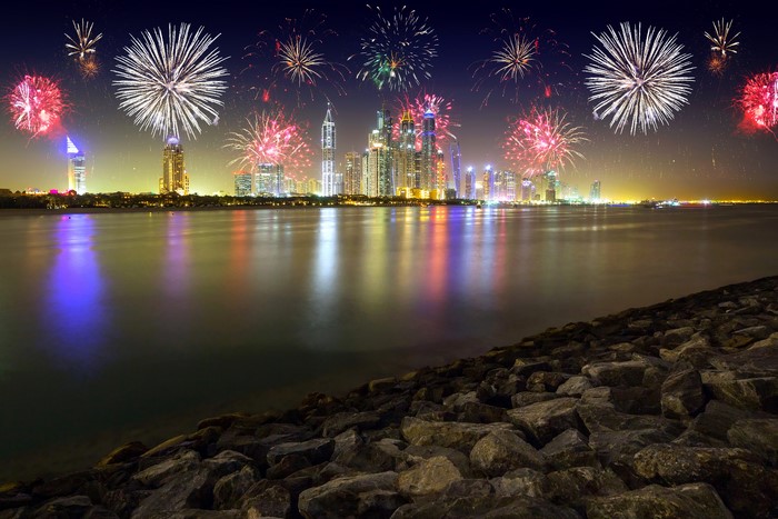 Dubai Skyline Fireworks Display Over Water