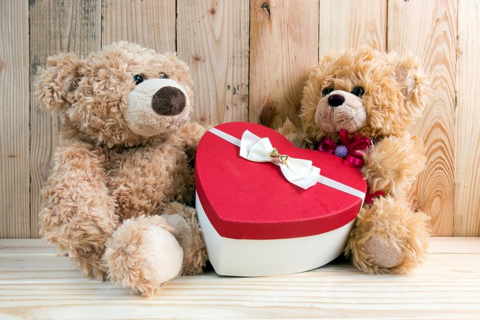 Two teddy bears with a heart-shaped gift box