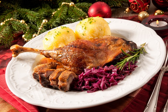 Roast Duck with Dumplings and Red Cabbage