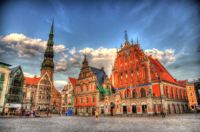 Riga, Latvia Town Square with St. Peter's Church