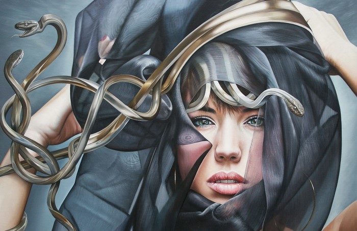 Woman with snakes and dark veil