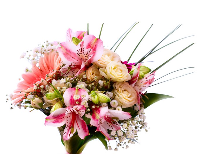 Bouquet of pink alstroemeria, gerbera daisy, and cream roses