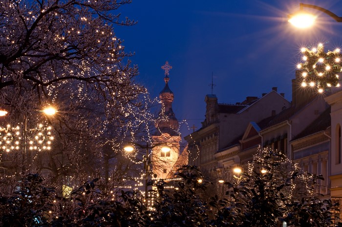 Szombathely, Hungary decorated with fairy lights at night