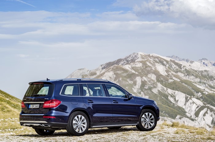Blue 2015 Mercedes-Benz GLS 350d 4Matic in mountains