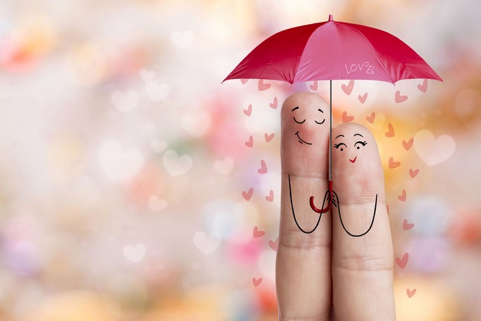 Finger Couple Under Umbrella with Hearts
