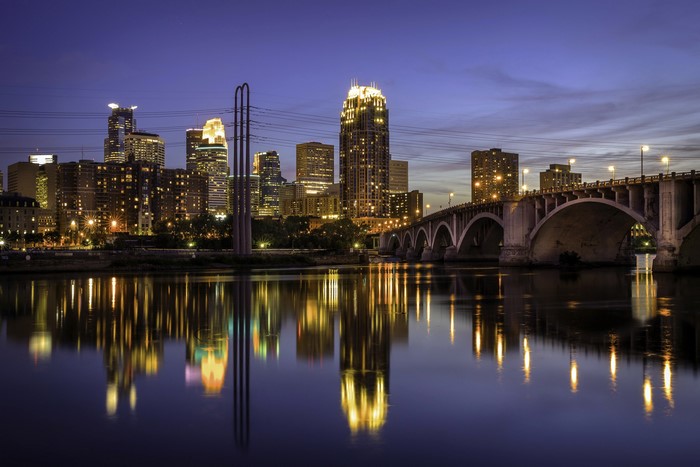 Minneapolis skyline and bridge at night
