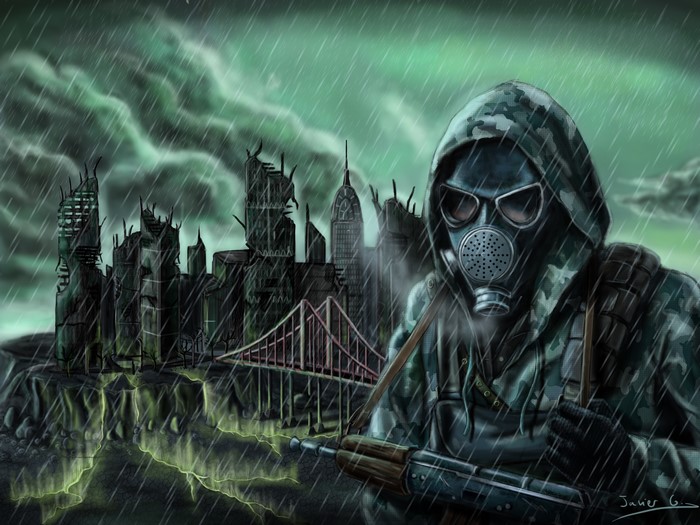 Soldier with gas mask in ruined city during rain