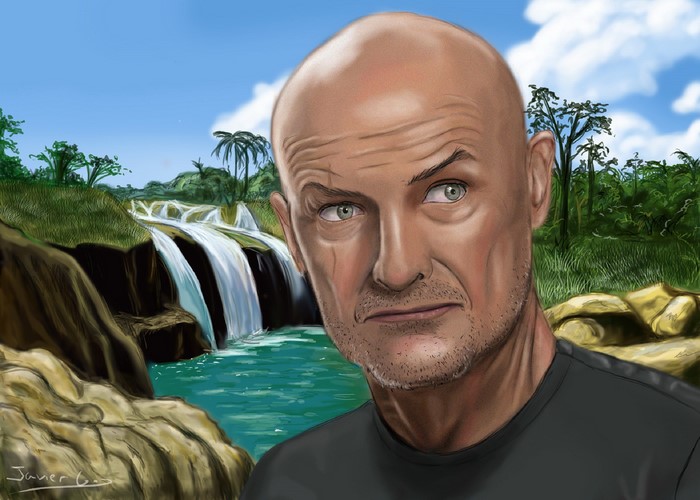 Bald man with waterfalls in the background