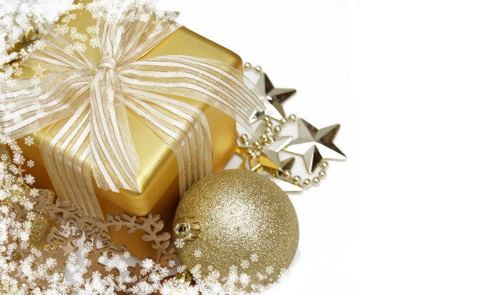 Gold Christmas Gift with Ornaments and Snowflakes