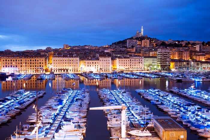 Marseille Marina at Night with Notre-de-la-Garde