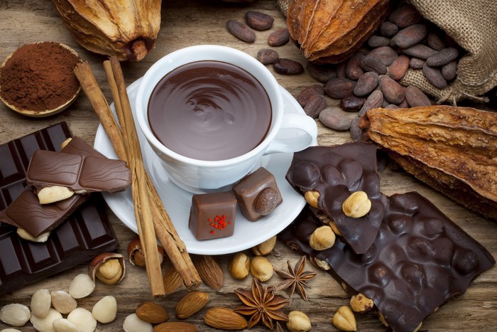 Hot chocolate drink with chocolate, nuts, and cinnamon