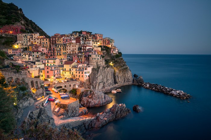 Manarola village on the Ligurian coast of Italy at dusk