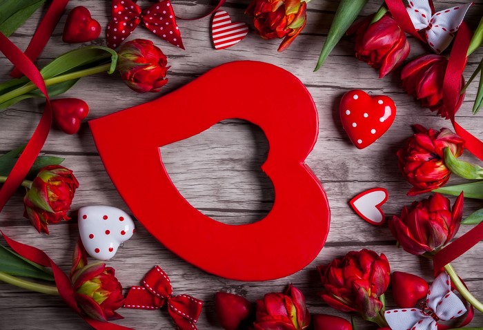 Valentine's Day Red Tulips and Hearts Arrangement