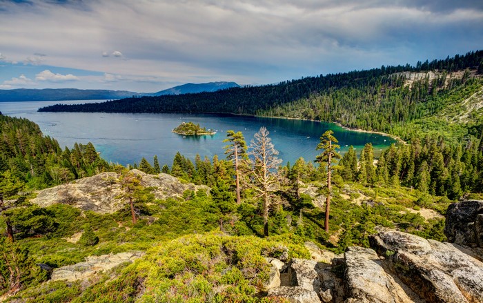 Scenic View of Lake Tahoe with Island and Forests