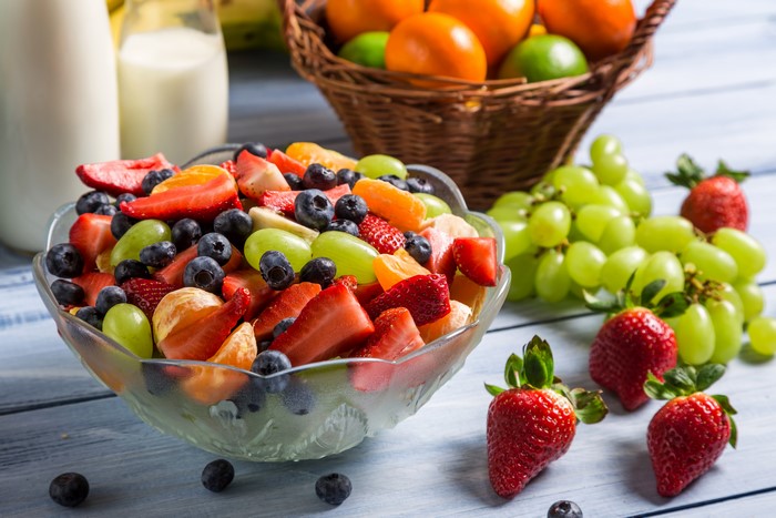 Fruit salad with strawberries, grapes, and blueberries