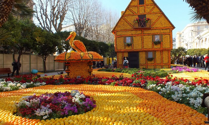 Lemon Festival in Menton, France with citrus sculptures