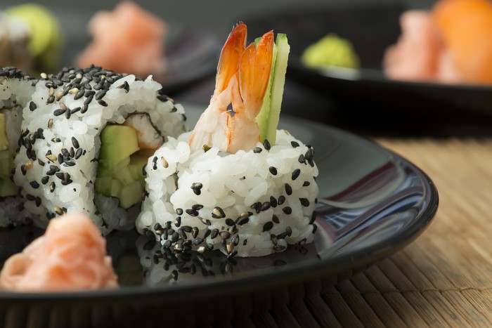 Sushi with shrimp and avocado, close-up