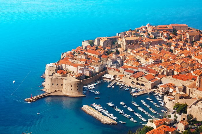 Dubrovnik, Croatia from above with harbor and sea