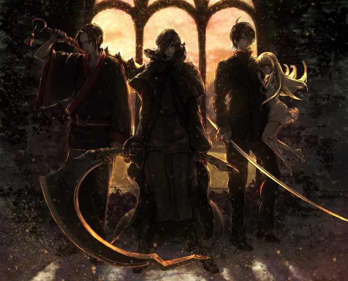 Four characters with weapons in front of a stained glass window