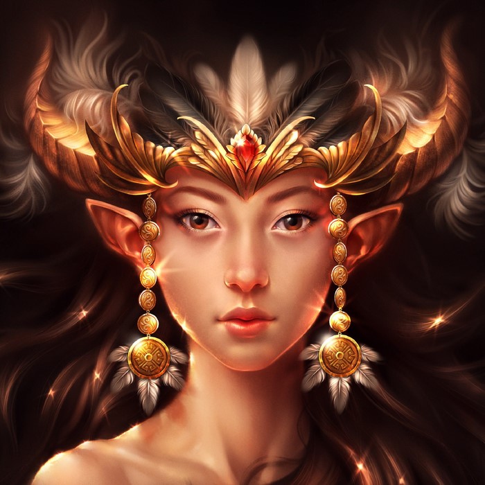Fantasy Elf Woman with Golden Headdress and Horns