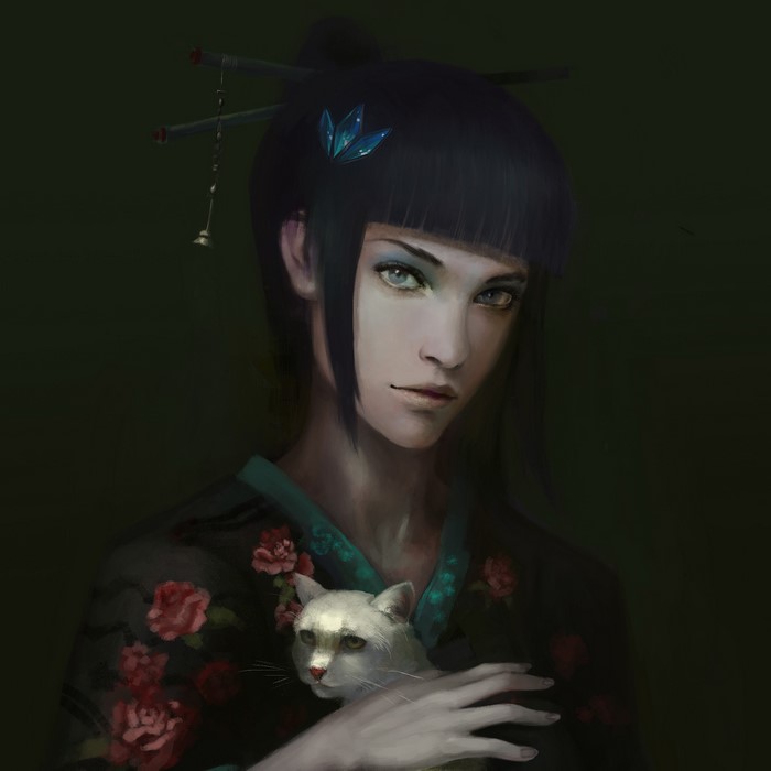 Woman in Kimono holding a white cat