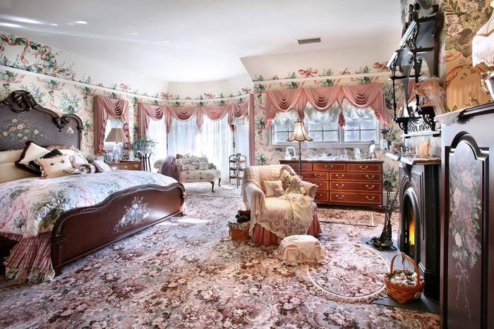 Victorian Bedroom with Floral Wallpaper and Carpet
