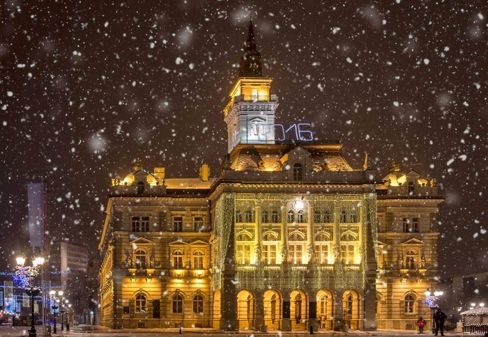 City Hall in Novi Sad during winter at night