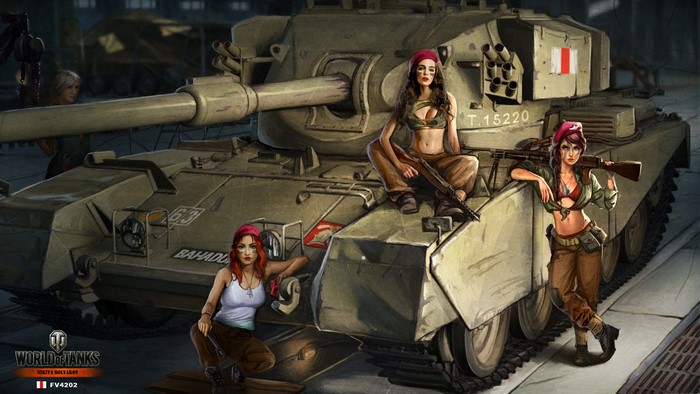 Three women with guns and FV4202 tank from World of Tanks
