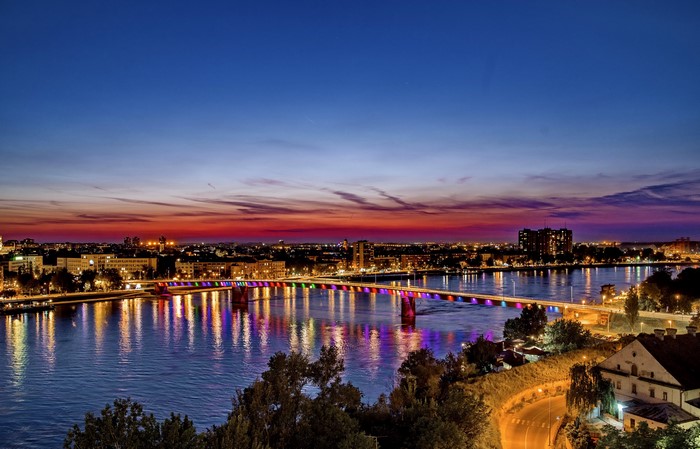 Novi Sad Night Skyline with Illuminated Bridge