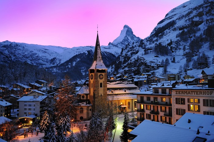 Zermatt Swiss Alps Village in Winter at Dusk