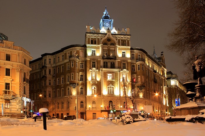 Winter night in Moscow, Russia with illuminated buildings