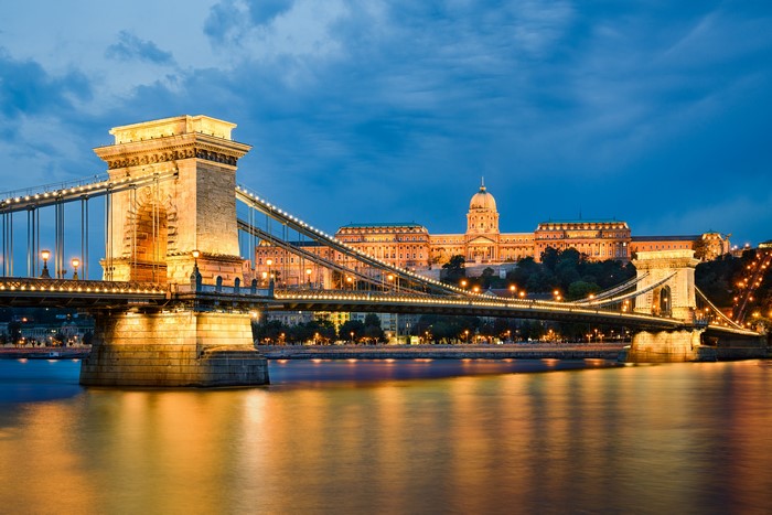 Chain Bridge and Buda Castle at Night, Budapest, Hungary