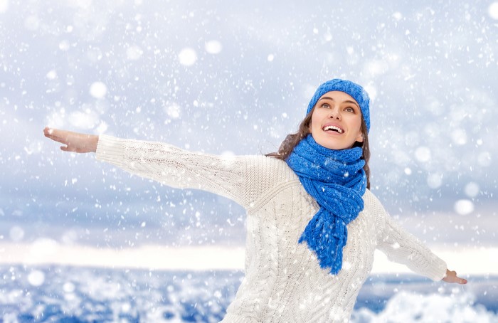 Woman in Winter Hat and Sweater in Snow