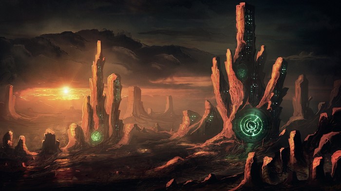 Alien landscape with futuristic structures at sunset